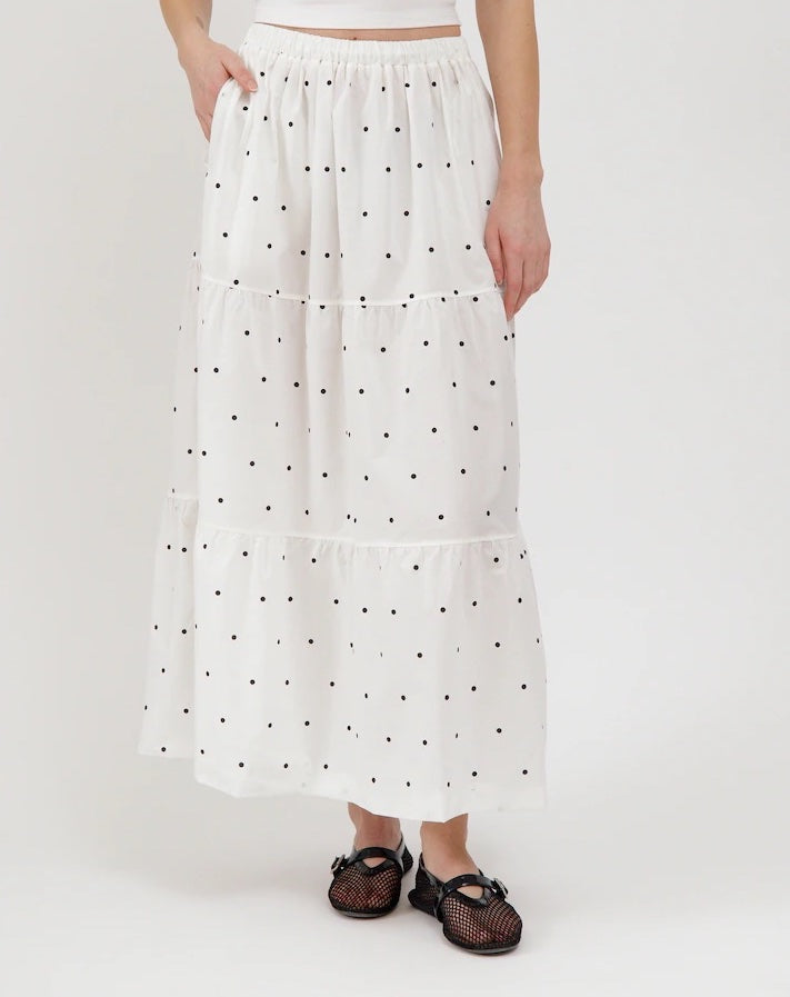 Polka Dot Poplin Long Skirt - Cream with Black