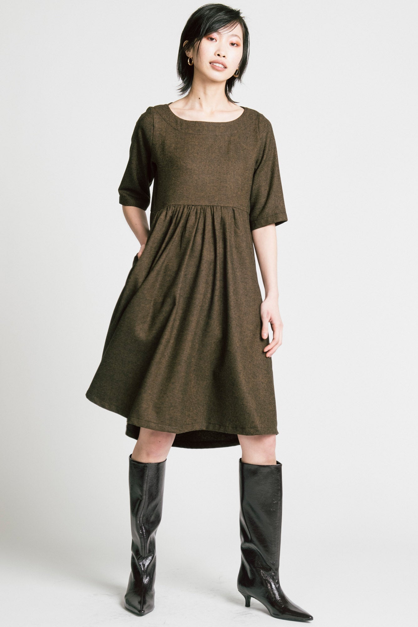 brown herringbone dress boohoo Women's Check Herringbone Square Neck Tailored Buckle Detail Mini Dress in Brown | Size: 12