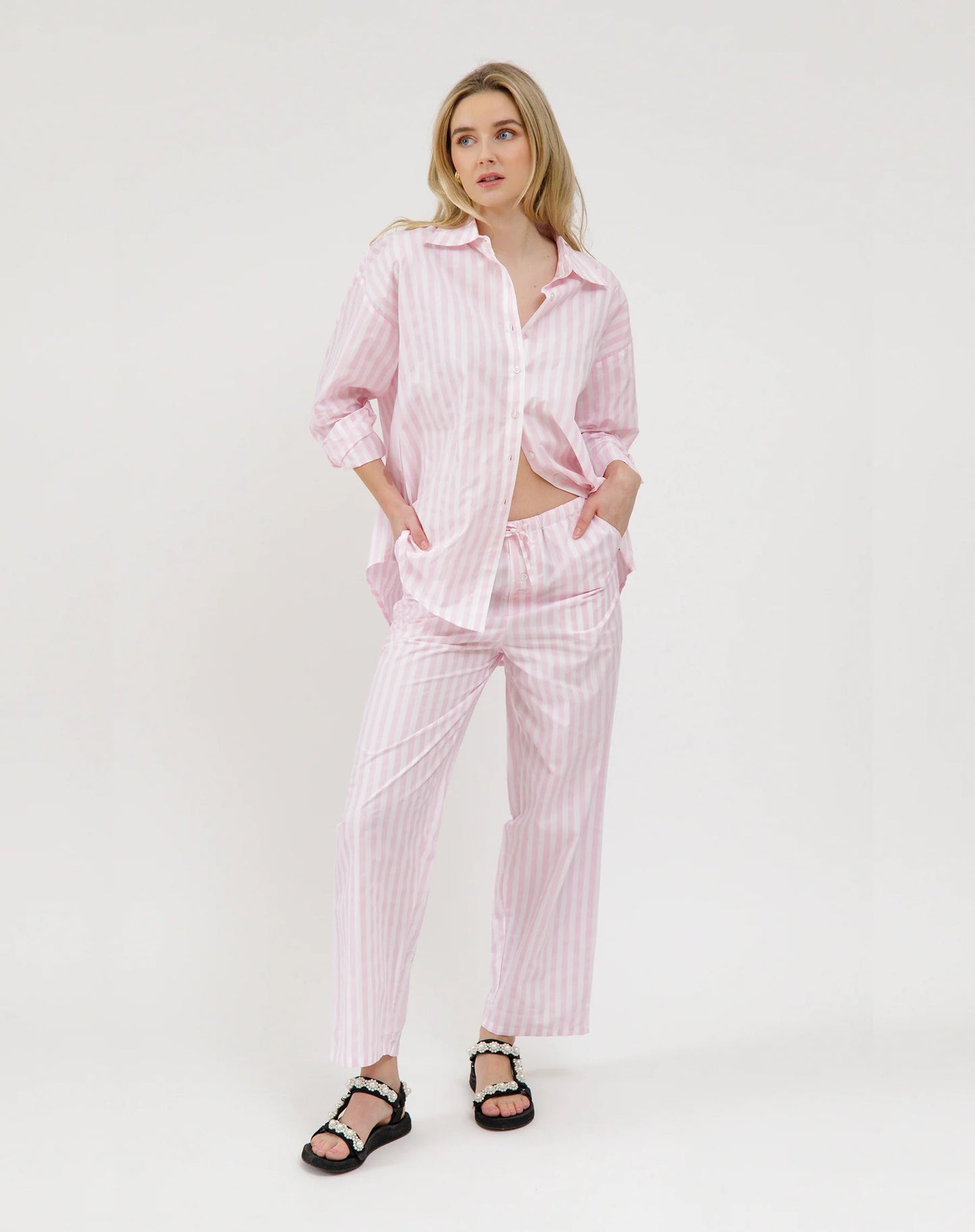 Stripe Poplin Drawstring Pant - Pink/ White
