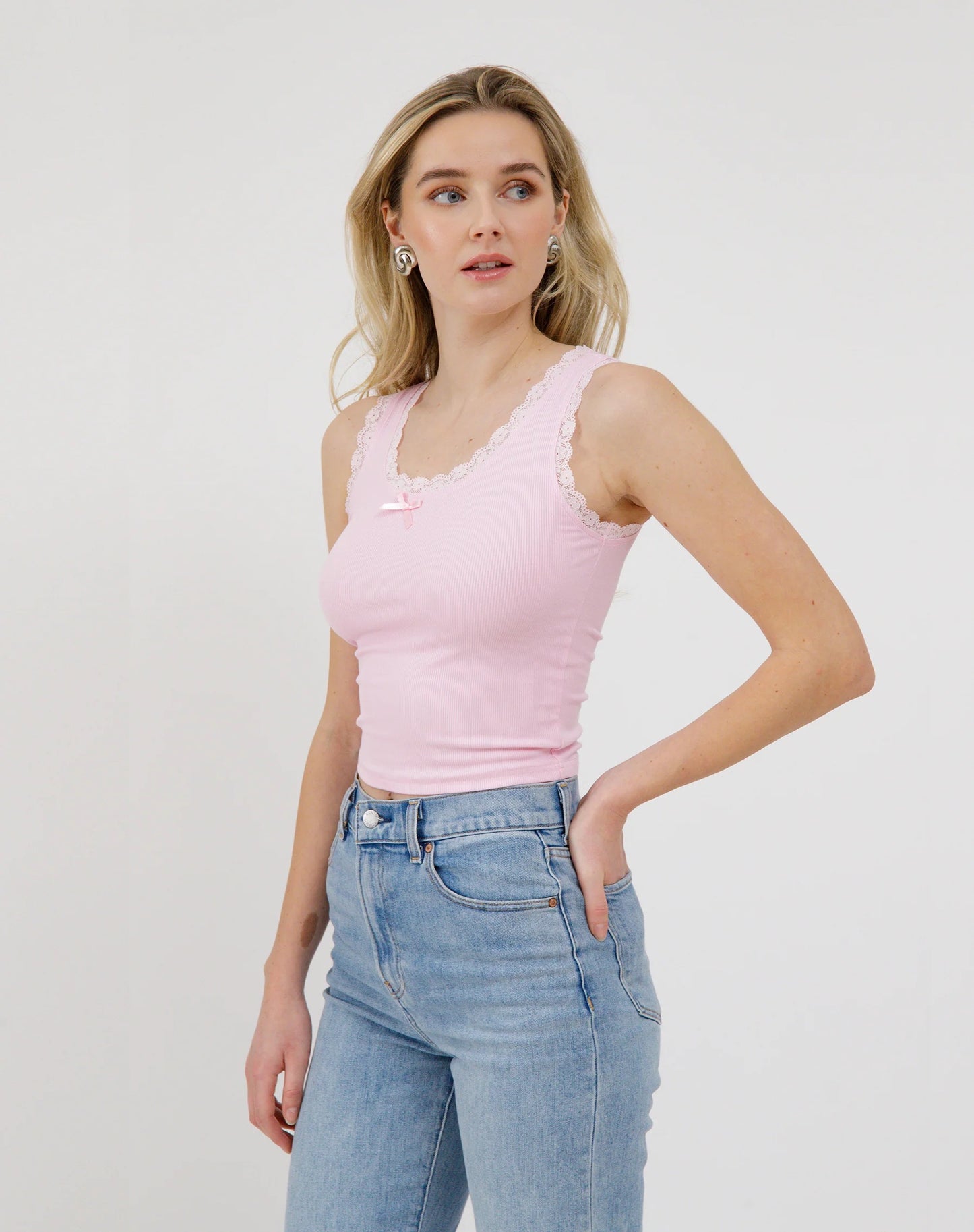 Ribbed Lace Tank Top - Powder Pink