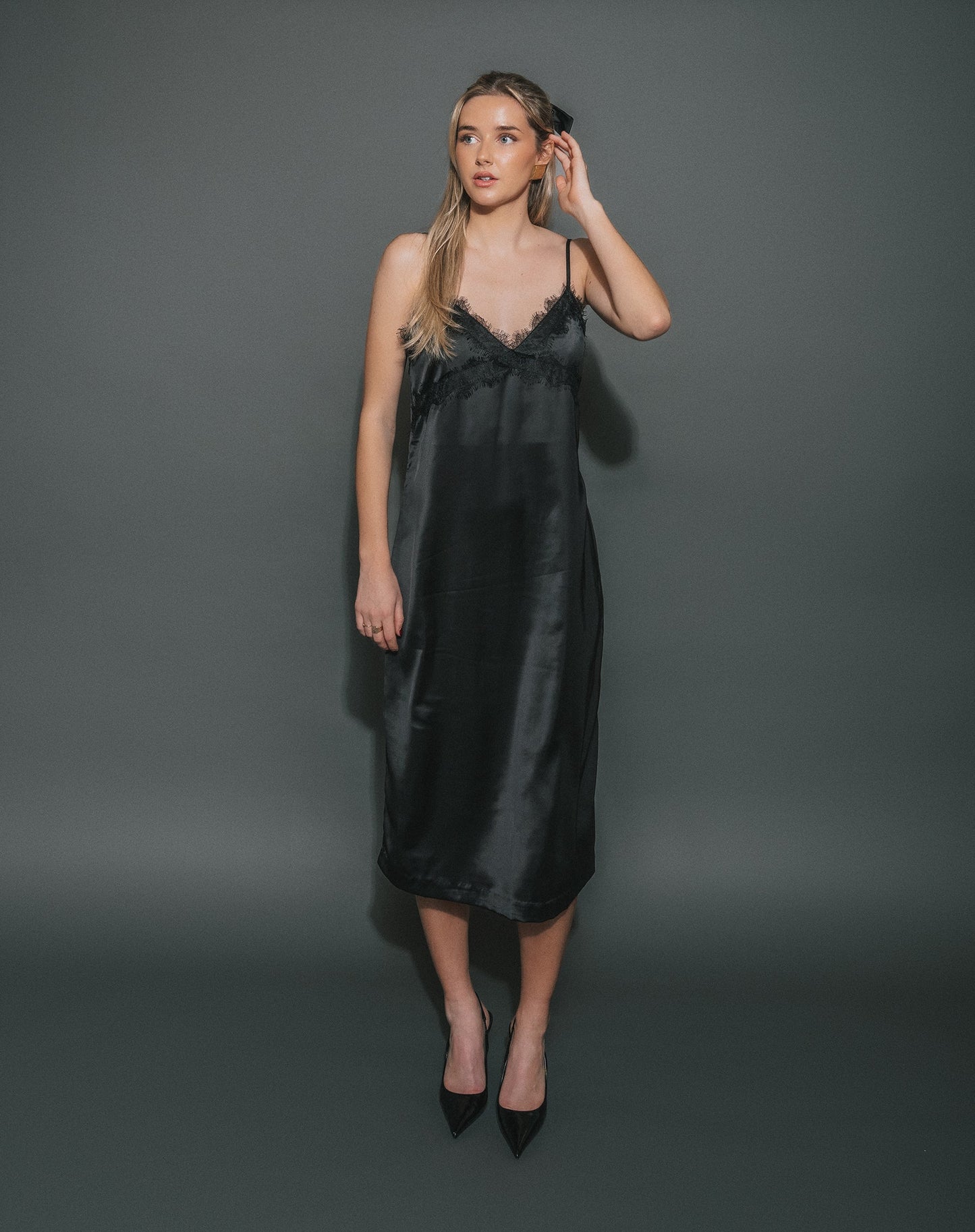 Satin Lace Maxi Dress - Black