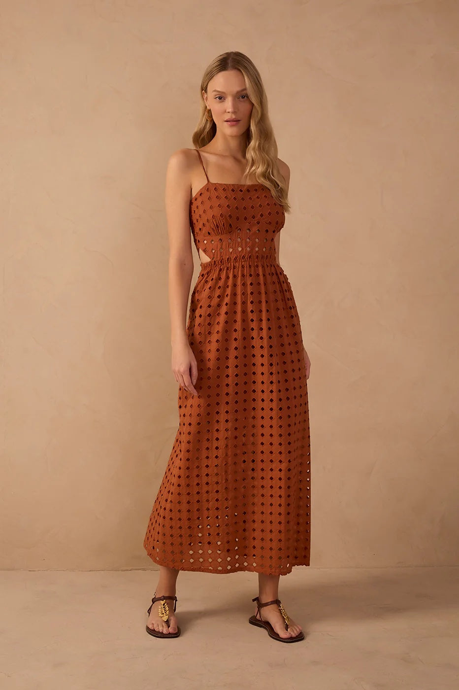 Dress To Brown Eyelet Smocked Midi Dress