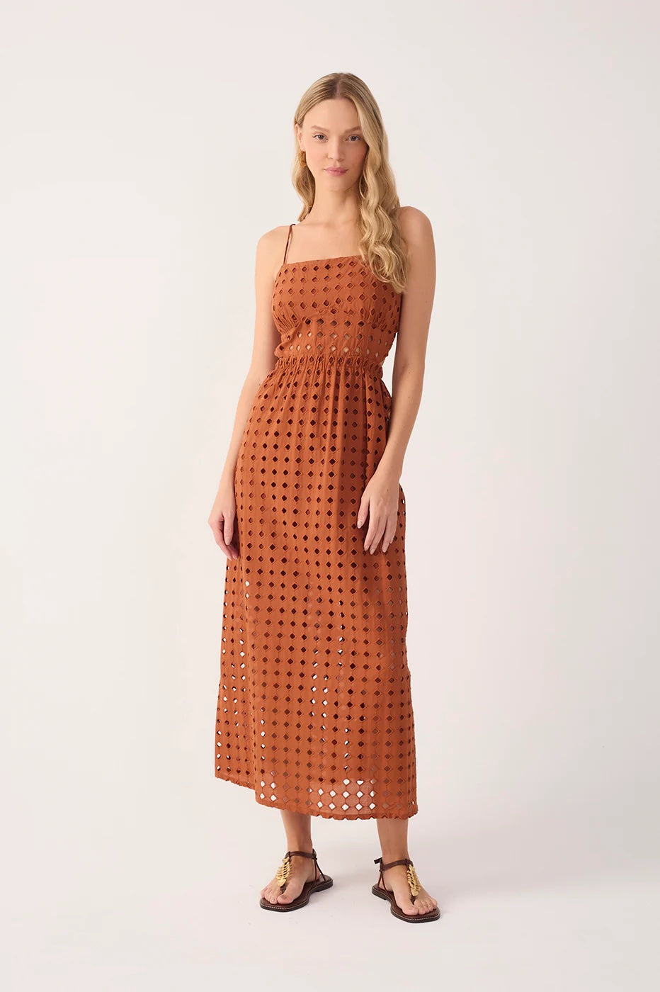 Dress To Brown Eyelet Smocked Midi Dress