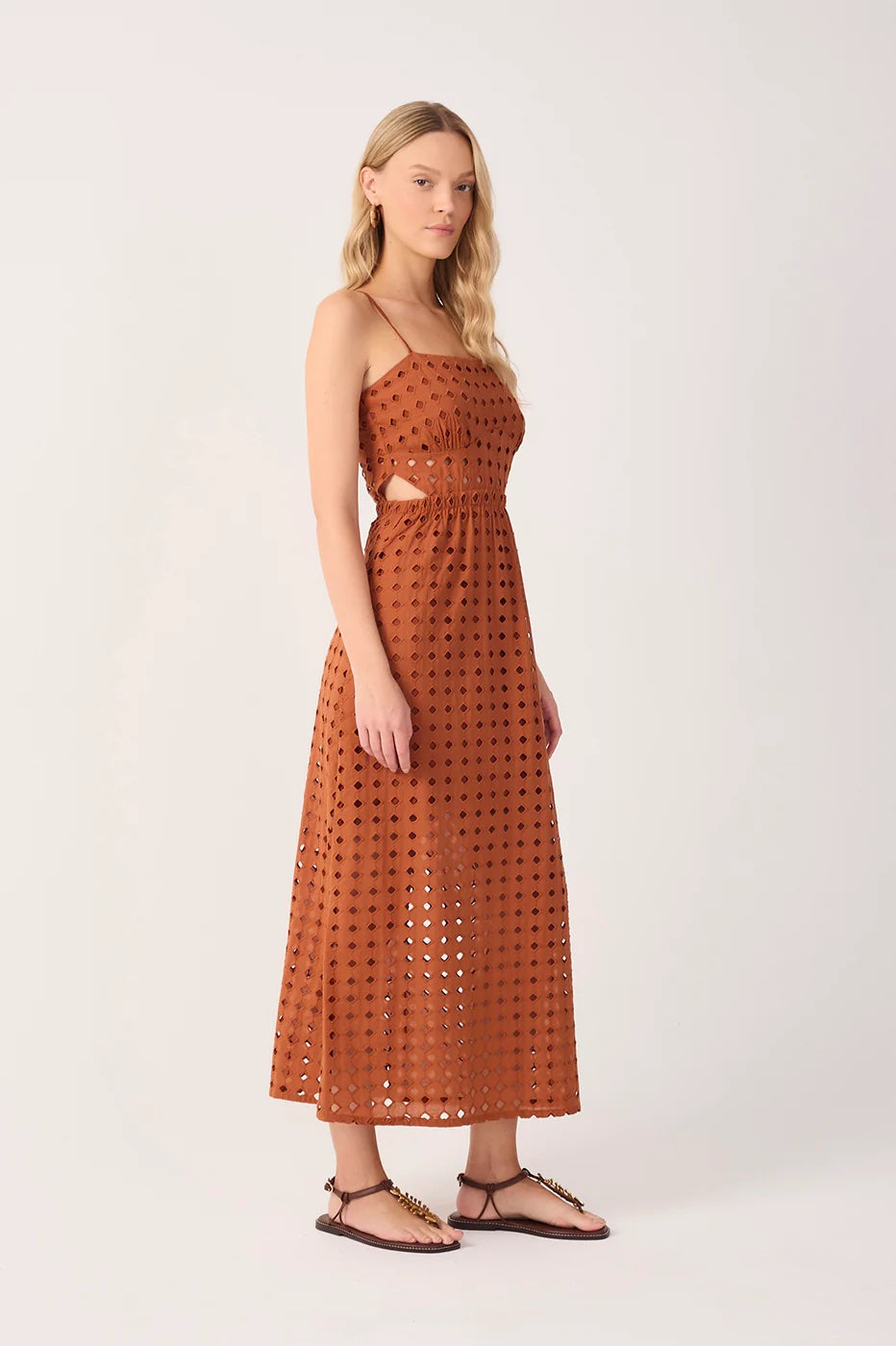 Dress To Brown Eyelet Smocked Midi Dress