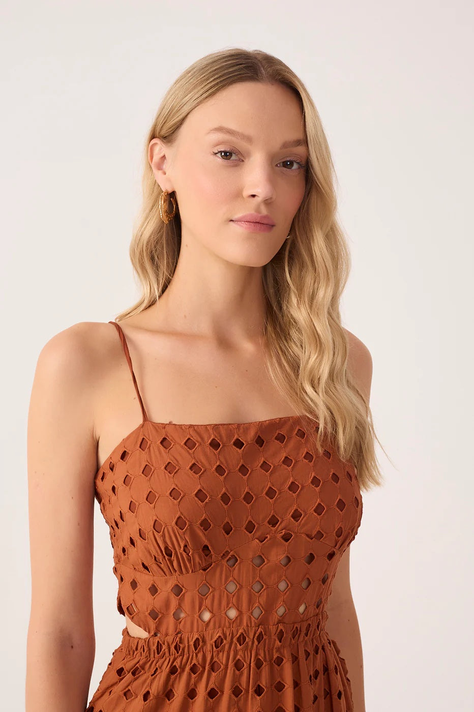 Dress To Brown Eyelet Smocked Midi Dress