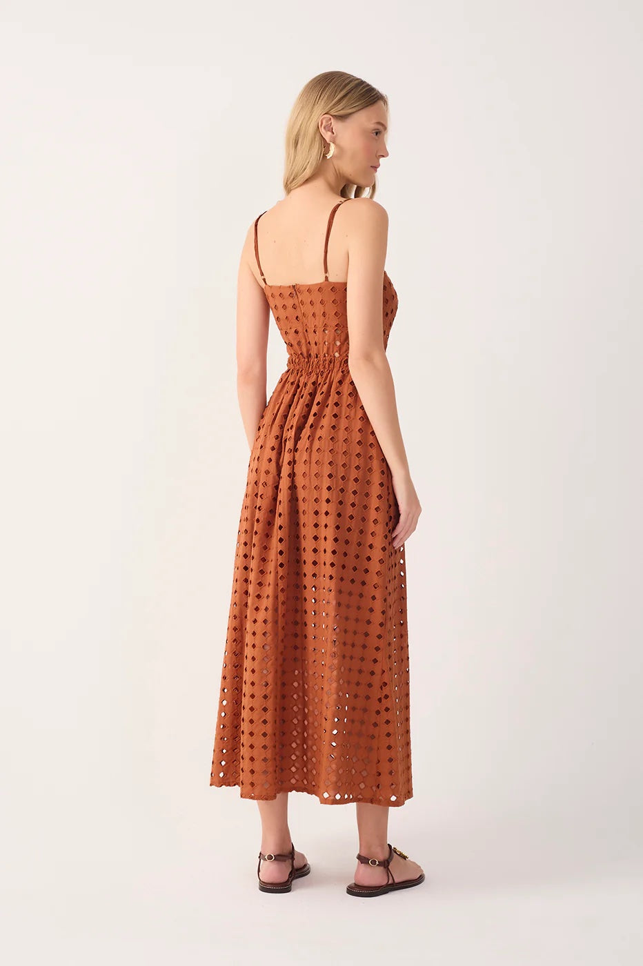 Dress To Brown Eyelet Smocked Midi Dress