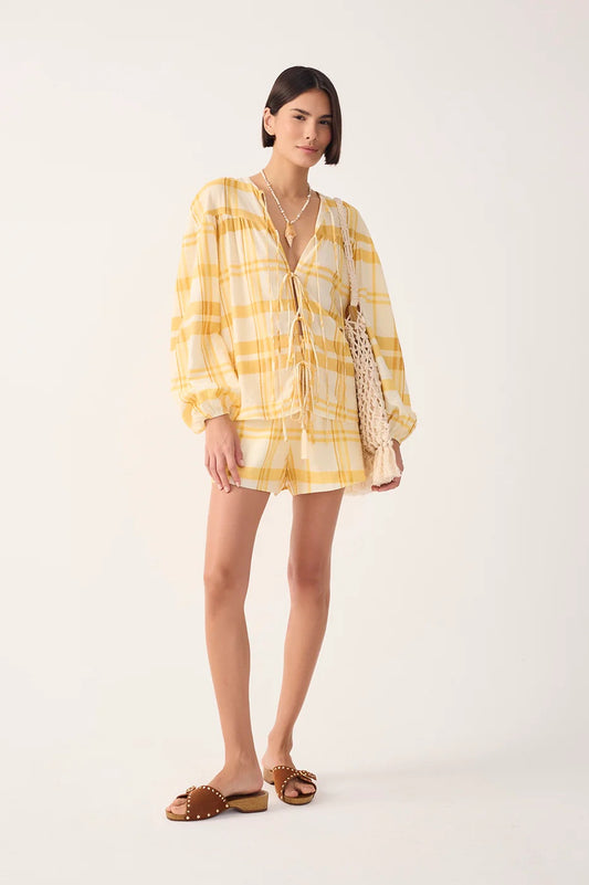 Dress To Front Ties Blouse - Off White Yellow Plaid