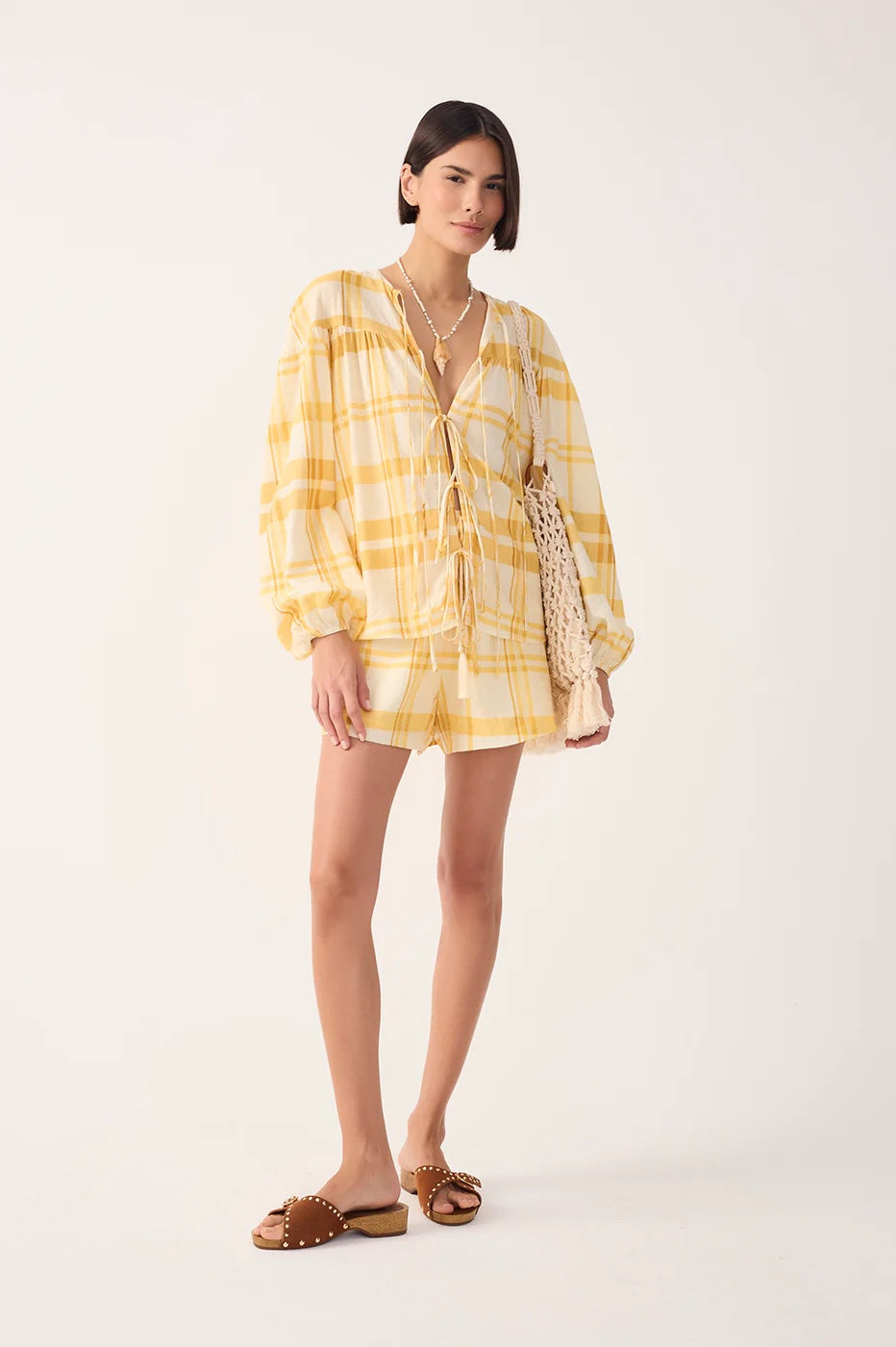 Dress To Drawstring Shorts - Off White Yellow Plaid