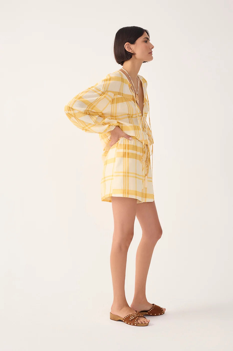 Dress To Drawstring Shorts - Off White Yellow Plaid