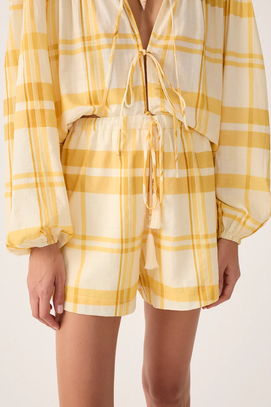 Dress To Drawstring Shorts - Off White Yellow Plaid