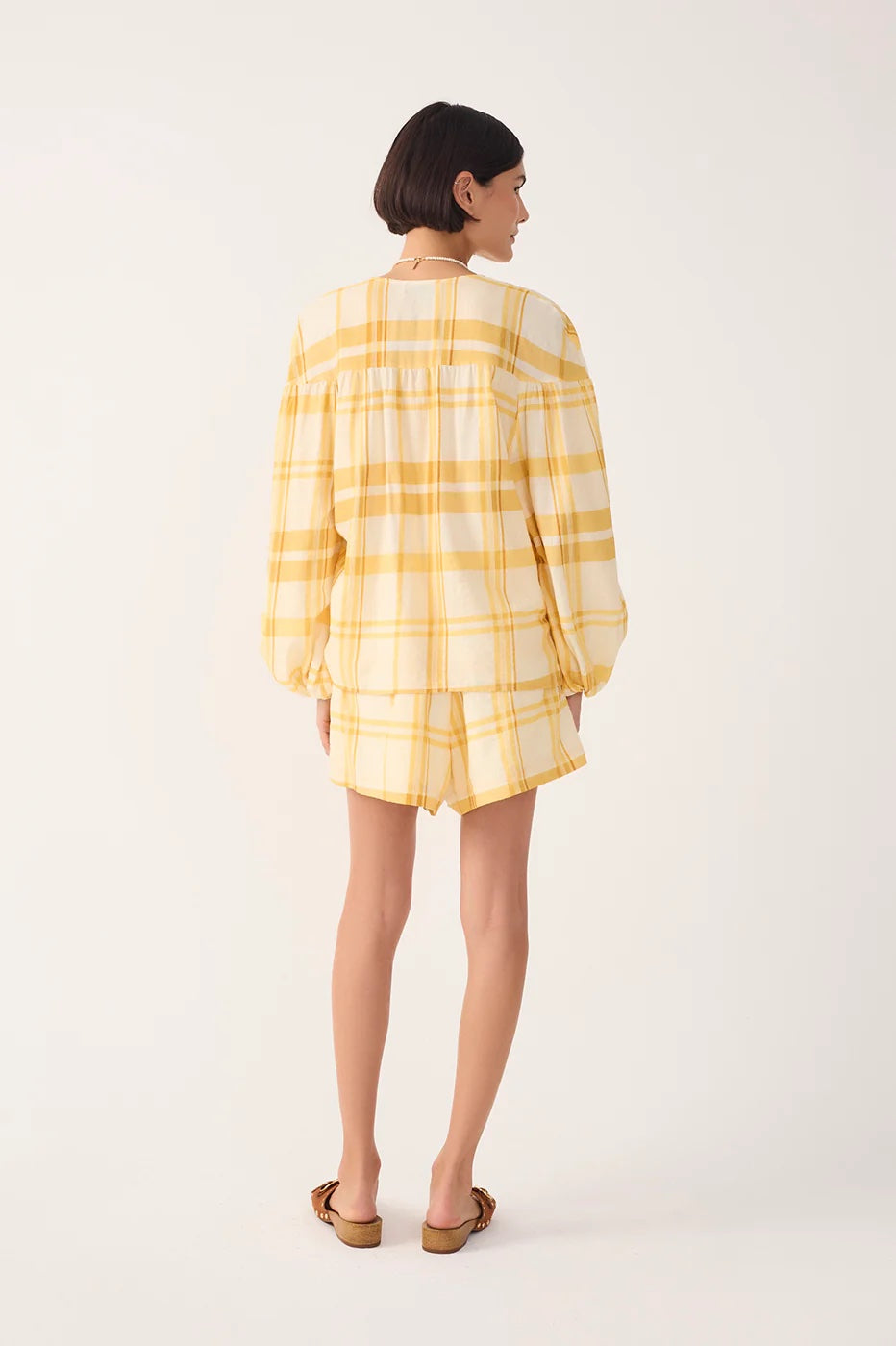 Dress To Front Ties Blouse - Off White Yellow Plaid