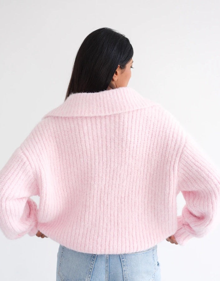 Brunette the Label Half Zip Trucker Neck Sweater - Baby Pink