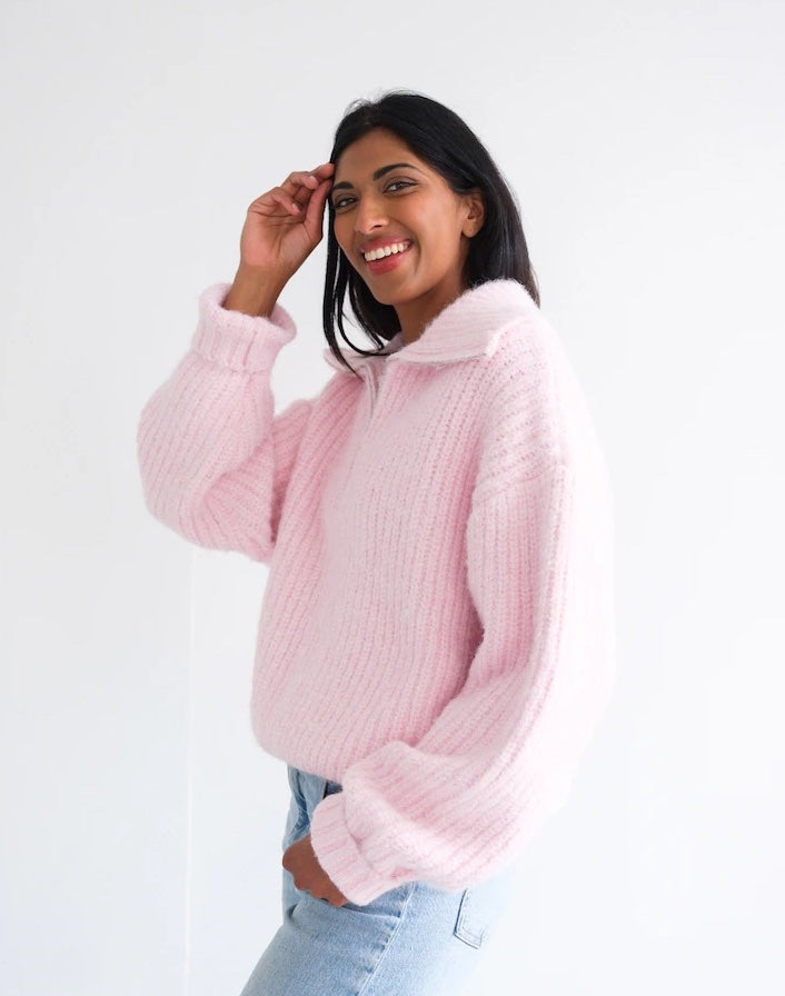 Brunette the Label Half Zip Trucker Neck Sweater - Baby Pink