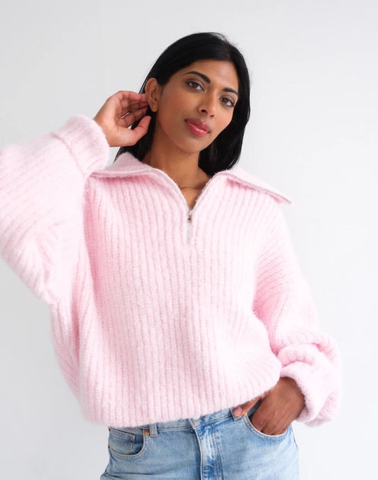 Brunette the Label Half Zip Trucker Neck Sweater - Baby Pink