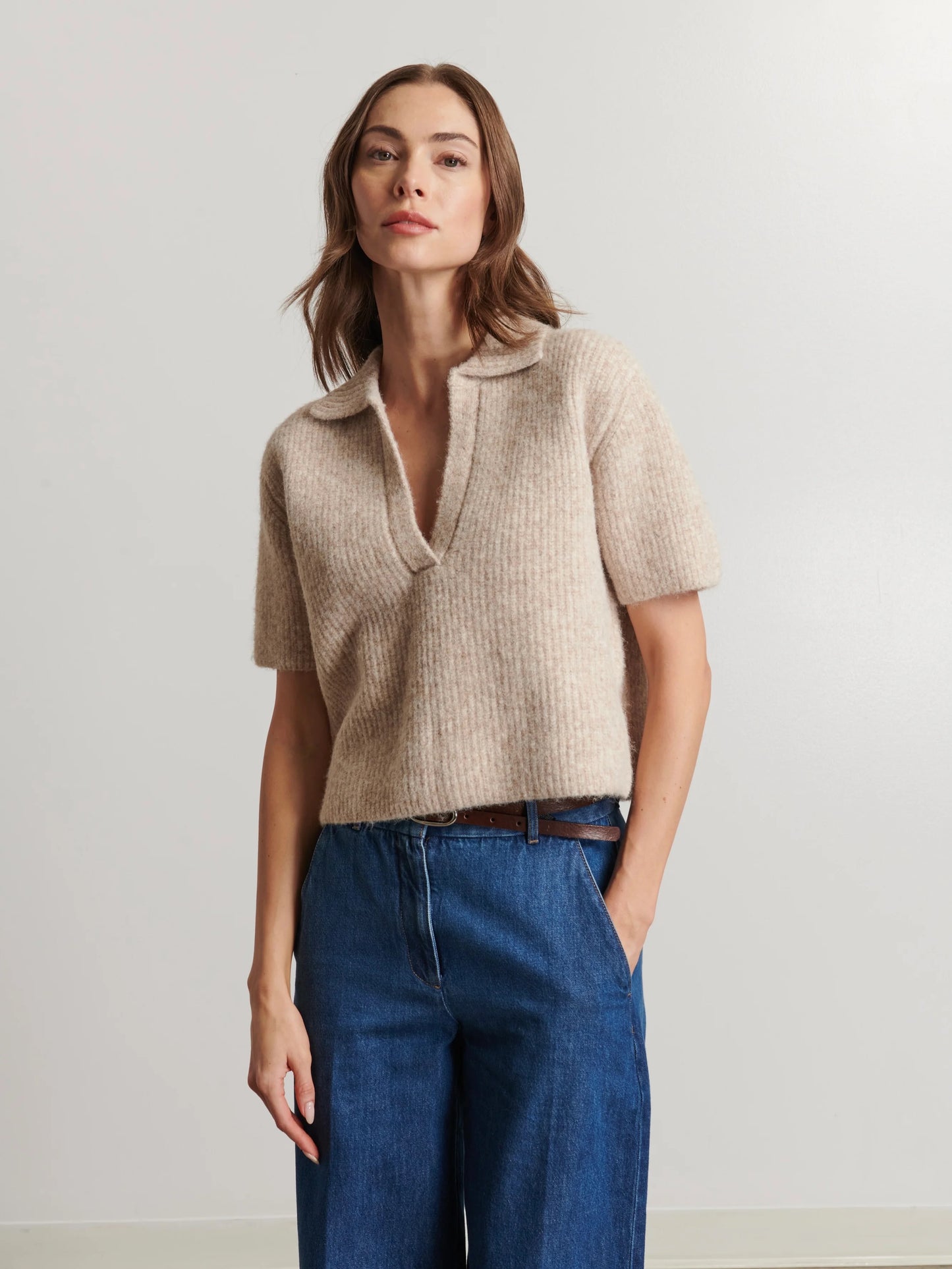 Joni Short Sleeve Collar Knit - Almond