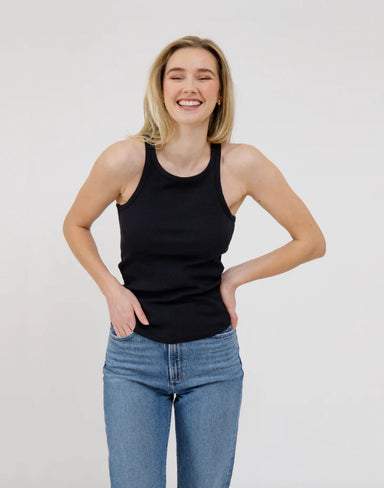 Ribbed Tank with Curved Hem - Black