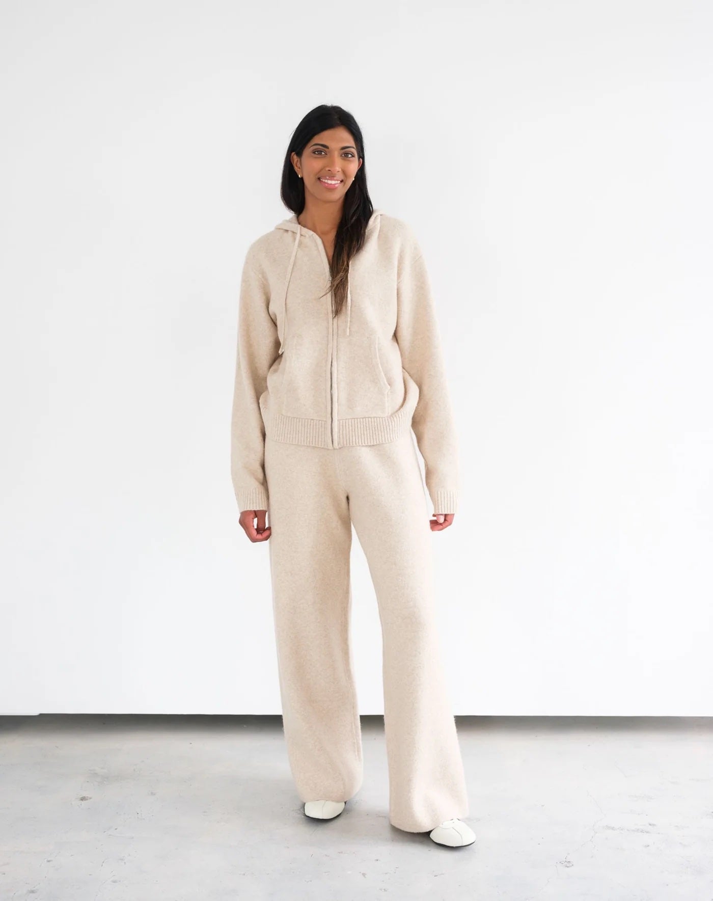 Brunette the Label Full Zip Knit Sweater - Oatmeal Melange