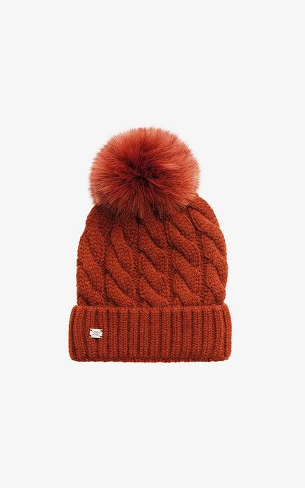 Amalie Cable-Knit Hat With Detachable Feather Pompom - Copper