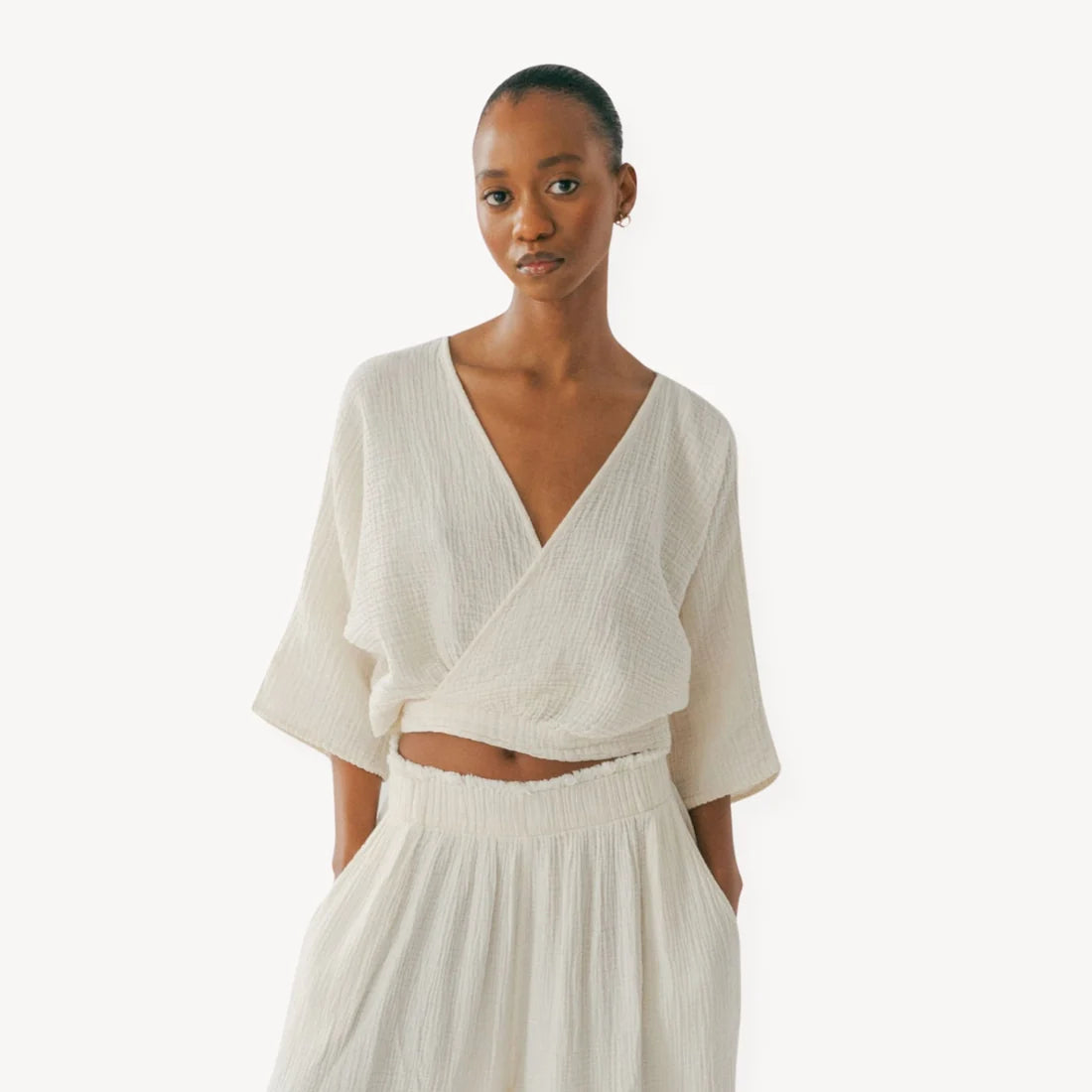 Crinkle Balloon Sleeve Top - Cream