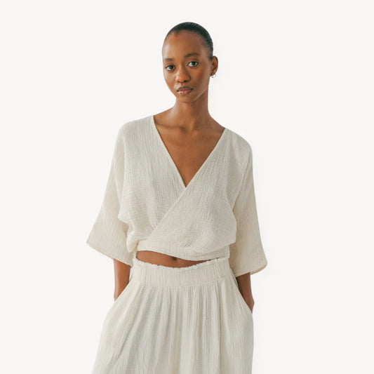 Crinkle Balloon Sleeve Top - Cream