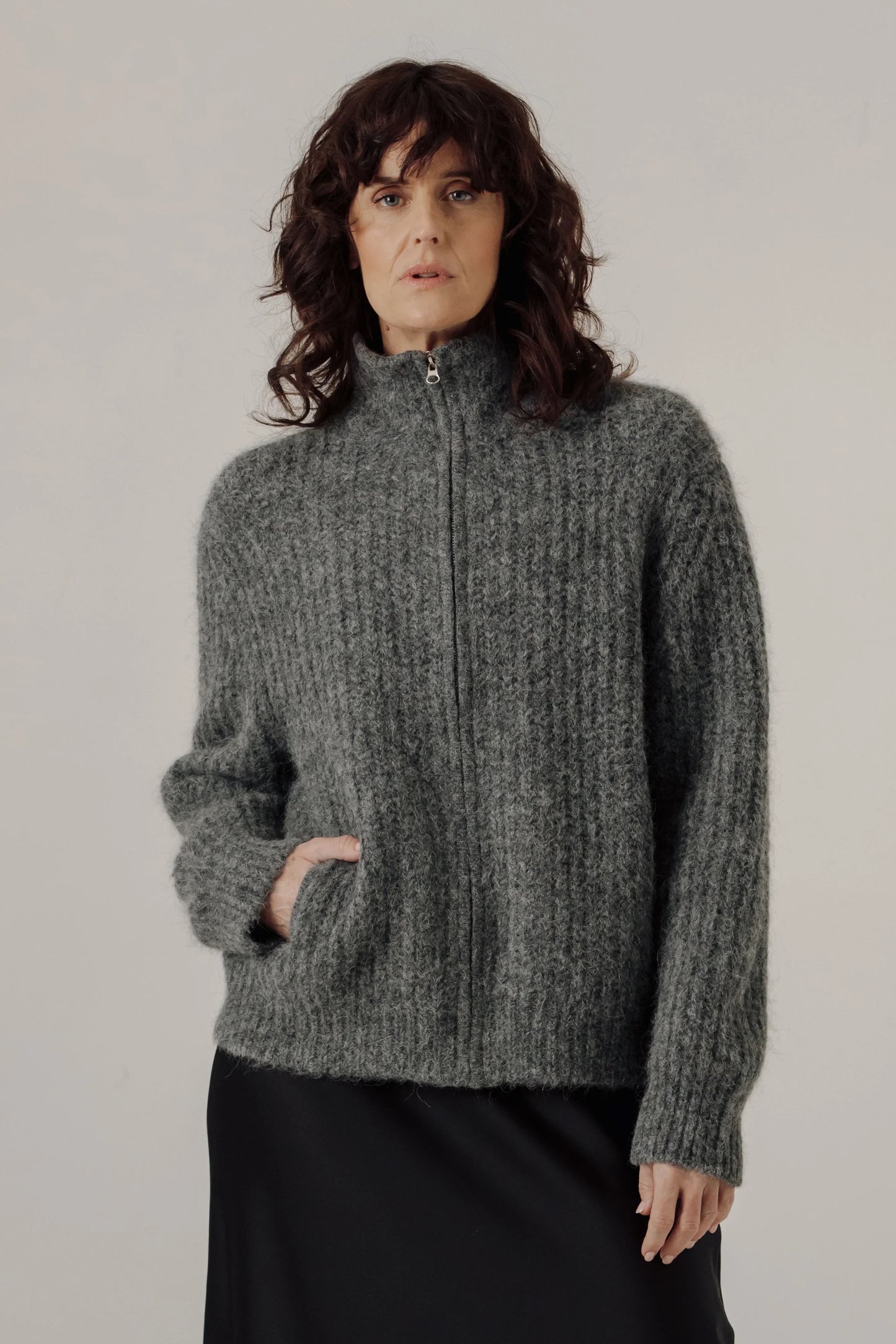 Bare Knitwear Alpaca Rib Zip Jacket - Stone