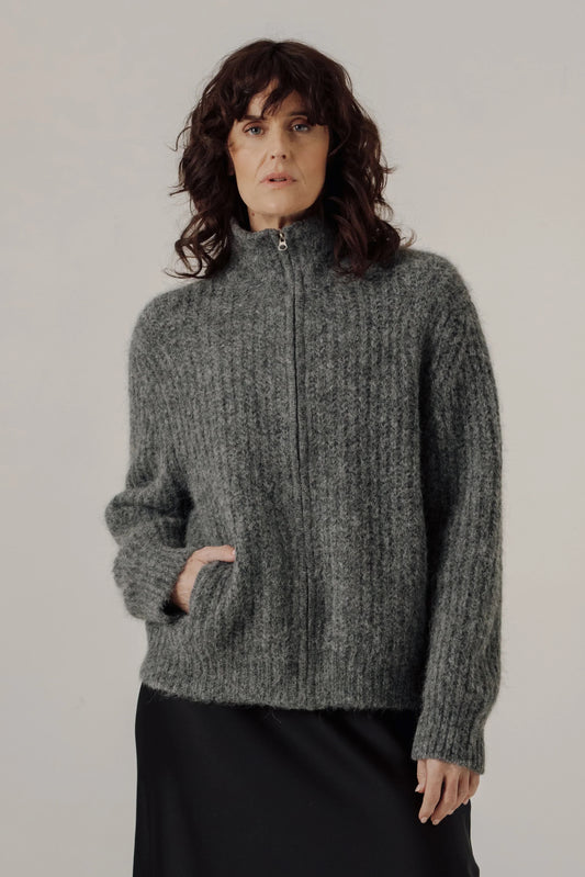 Bare Knitwear Alpaca Rib Zip Jacket - Stone