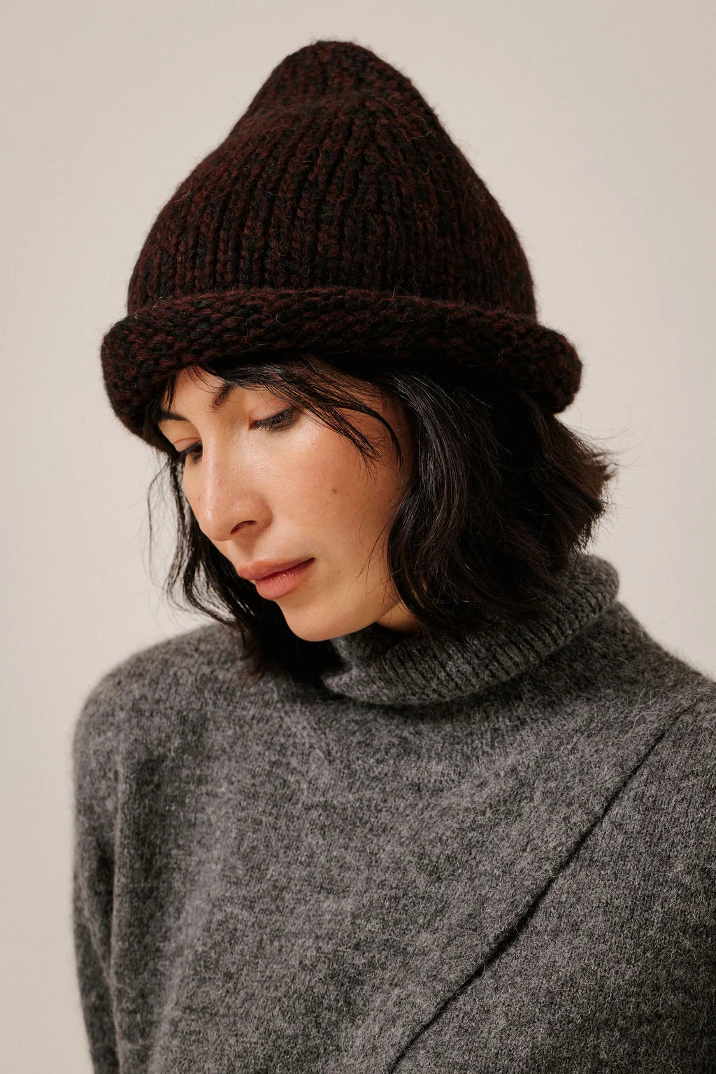 Bare Knitwear Baby Alpaca Roll Hat - Maroon Marl