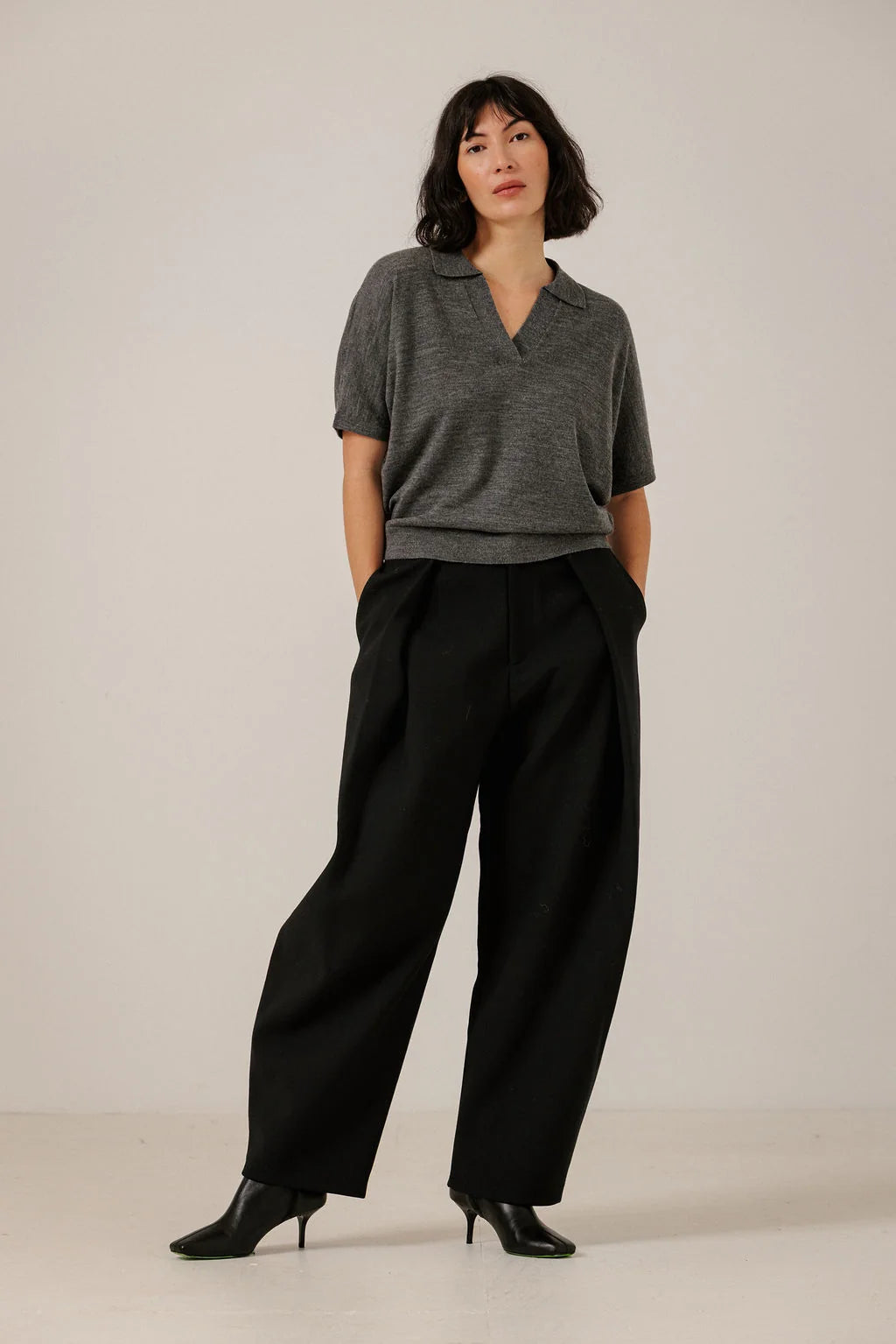 Bare Knitwear Batwing Merino Polo - Charcoal