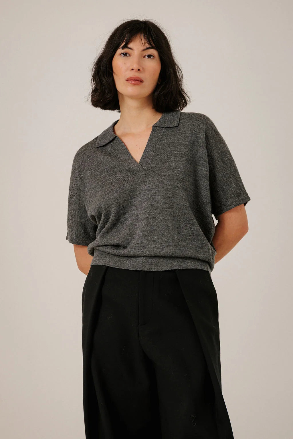 Bare Knitwear Batwing Merino Polo - Charcoal