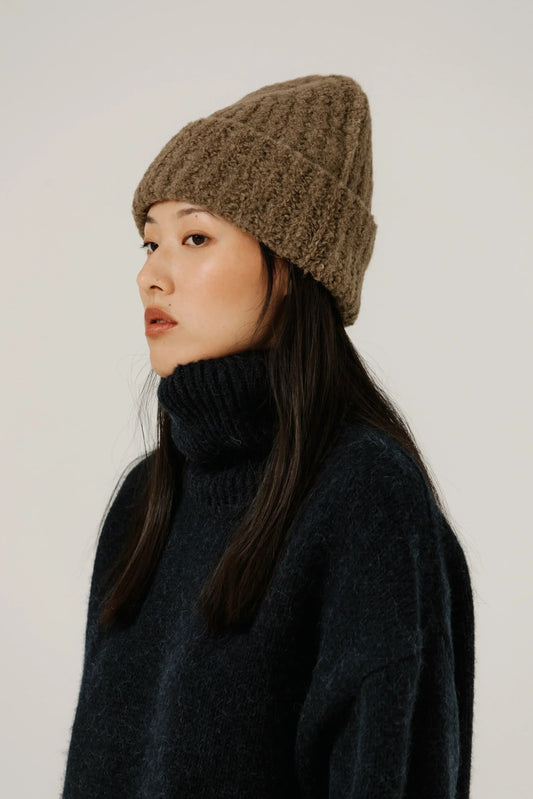 Bare Knitwear Colette Boucle Beanie - Dark Khaki