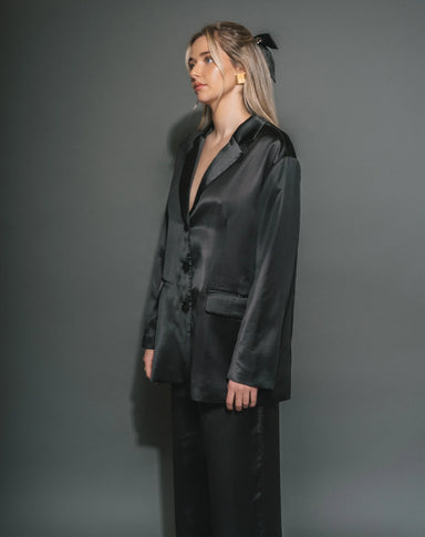 Satin Oversized Blazer - Black