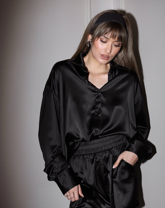 Bianca Satin Button Up Shirt - Black