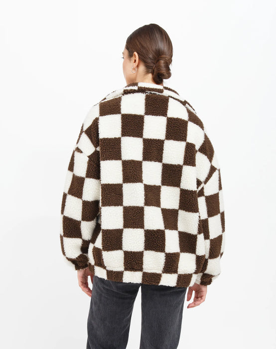 Checkerboard Sherpa Jacket - Chocolate Brown and White