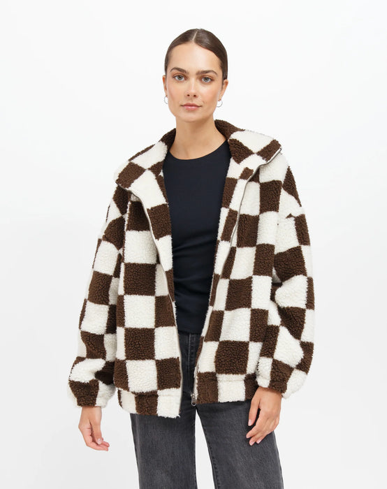 Checkerboard Sherpa Jacket - Chocolate Brown and White