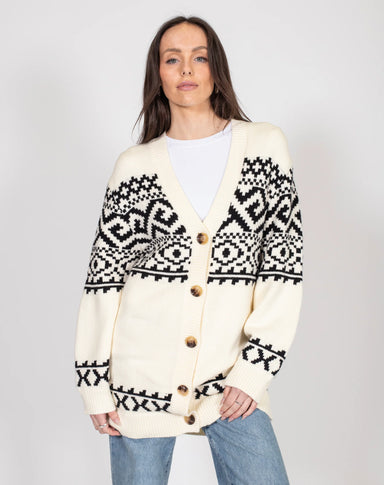 Fair Isle Knit Cardigan - Black/ Cream