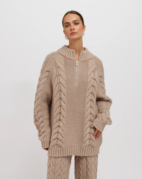 Sophie Cable Knit Half Zip - Fawn