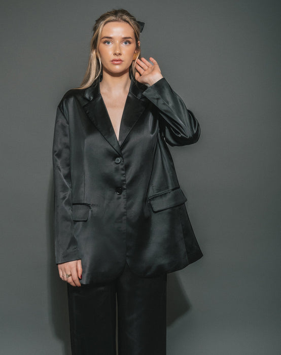 Satin Oversized Blazer - Black