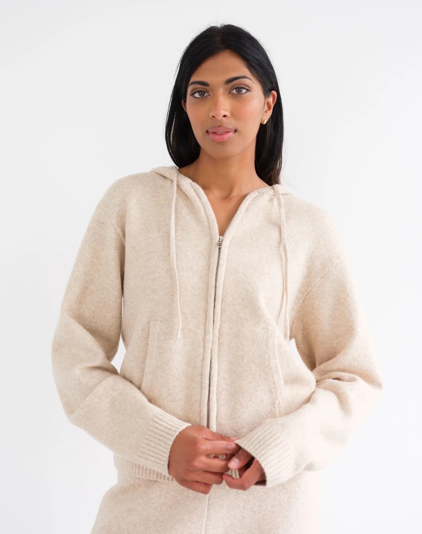 Brunette the Label Full Zip Knit Sweater - Oatmeal Melange