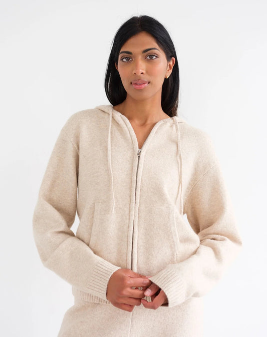 Brunette the Label Full Zip Knit Sweater - Oatmeal Melange
