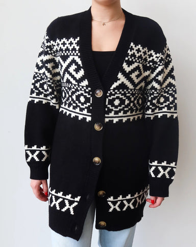 Fair Isle Knit Cardigan - Black/ Cream