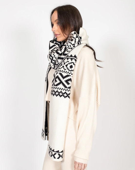 Fair Isle Knit Scarf - Cream/ Black