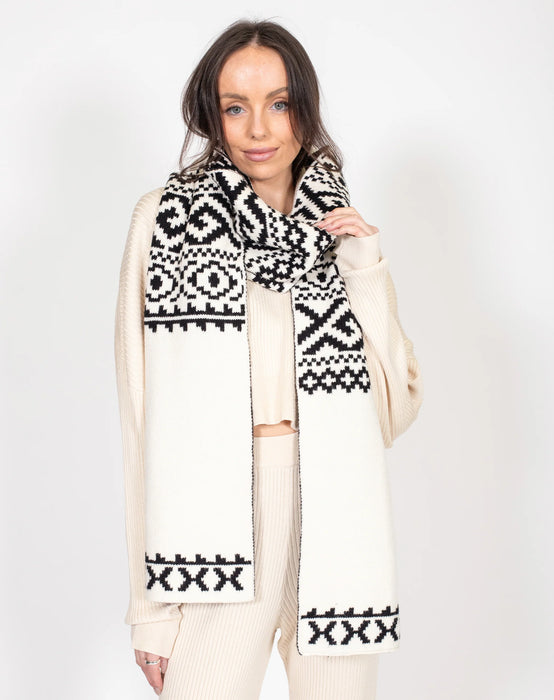 Fair Isle Knit Scarf - Cream/ Black