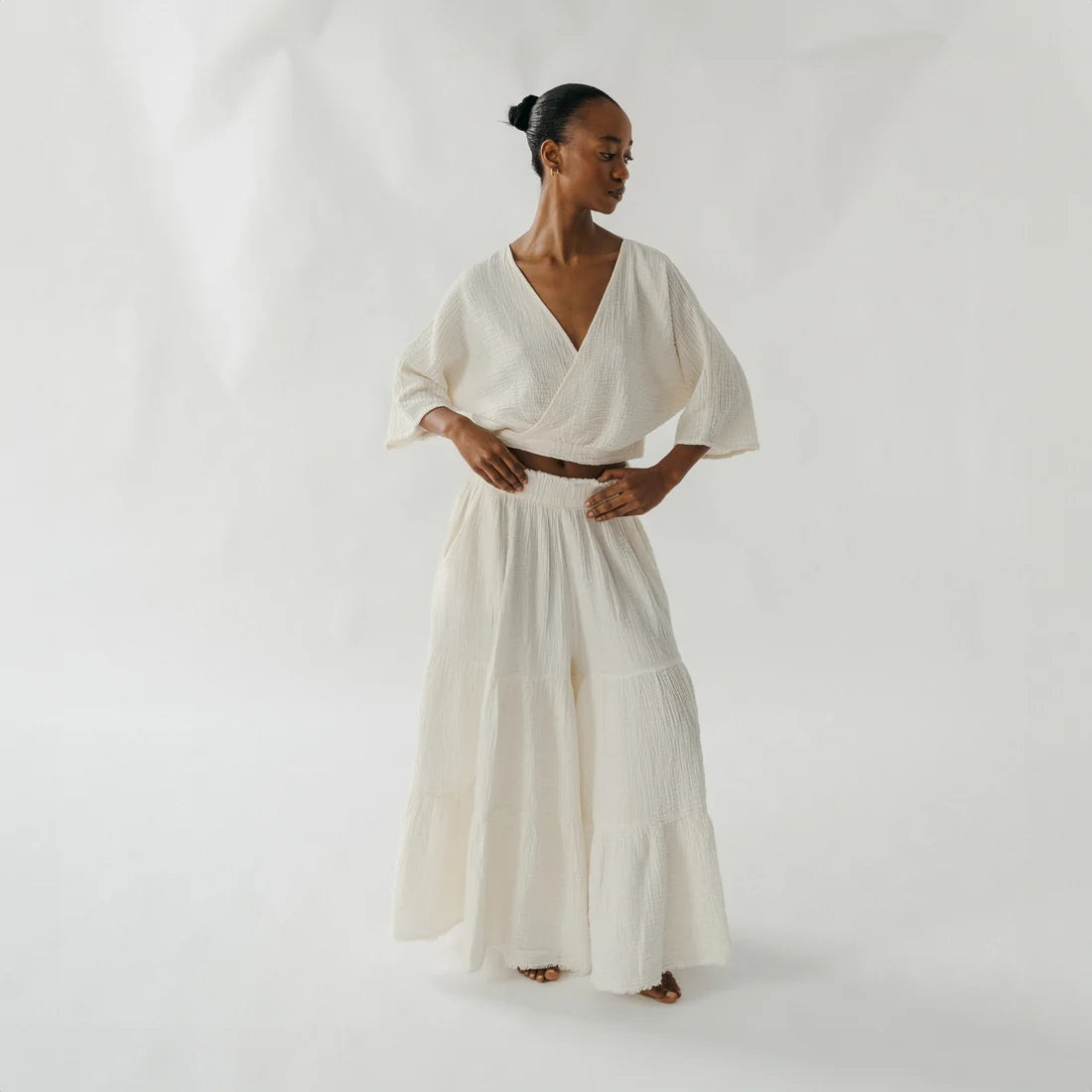 Crinkle Balloon Sleeve Top - Cream