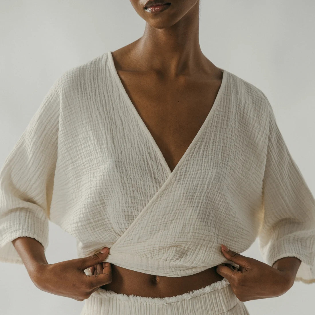 Crinkle Balloon Sleeve Top - Cream