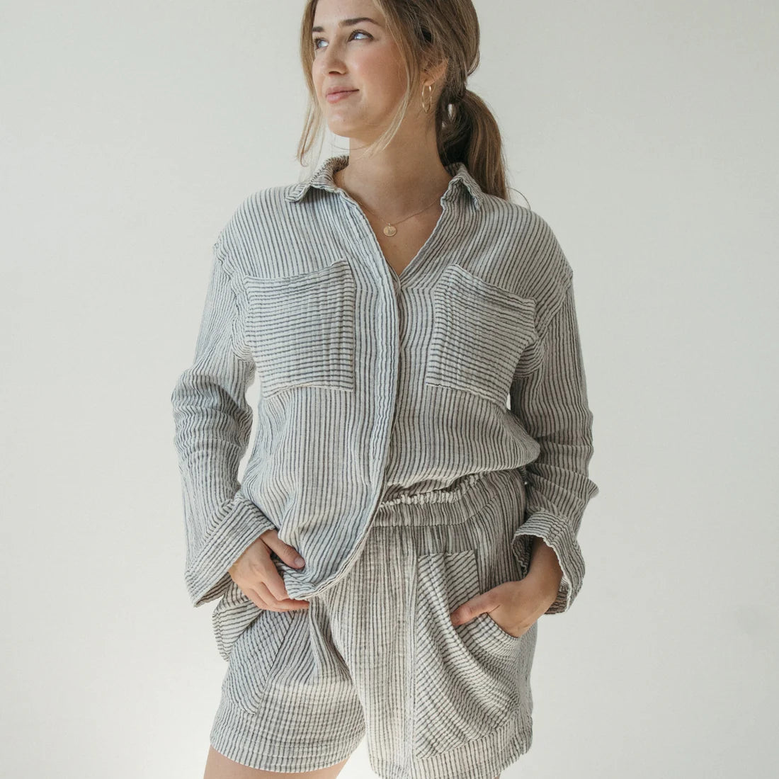 Striped Crinkle Pocket Shirt with Buttons