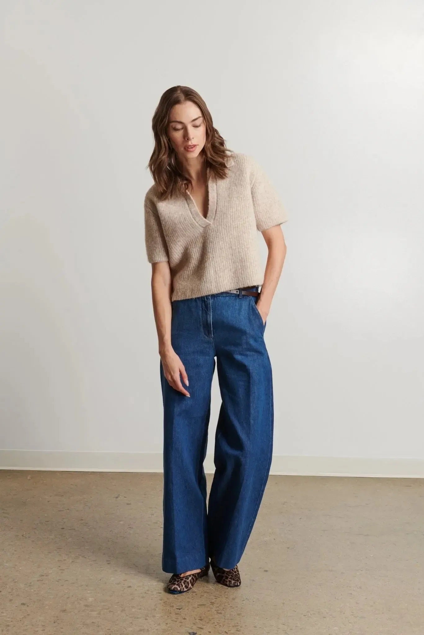 Joni Short Sleeve Collar Knit - Almond