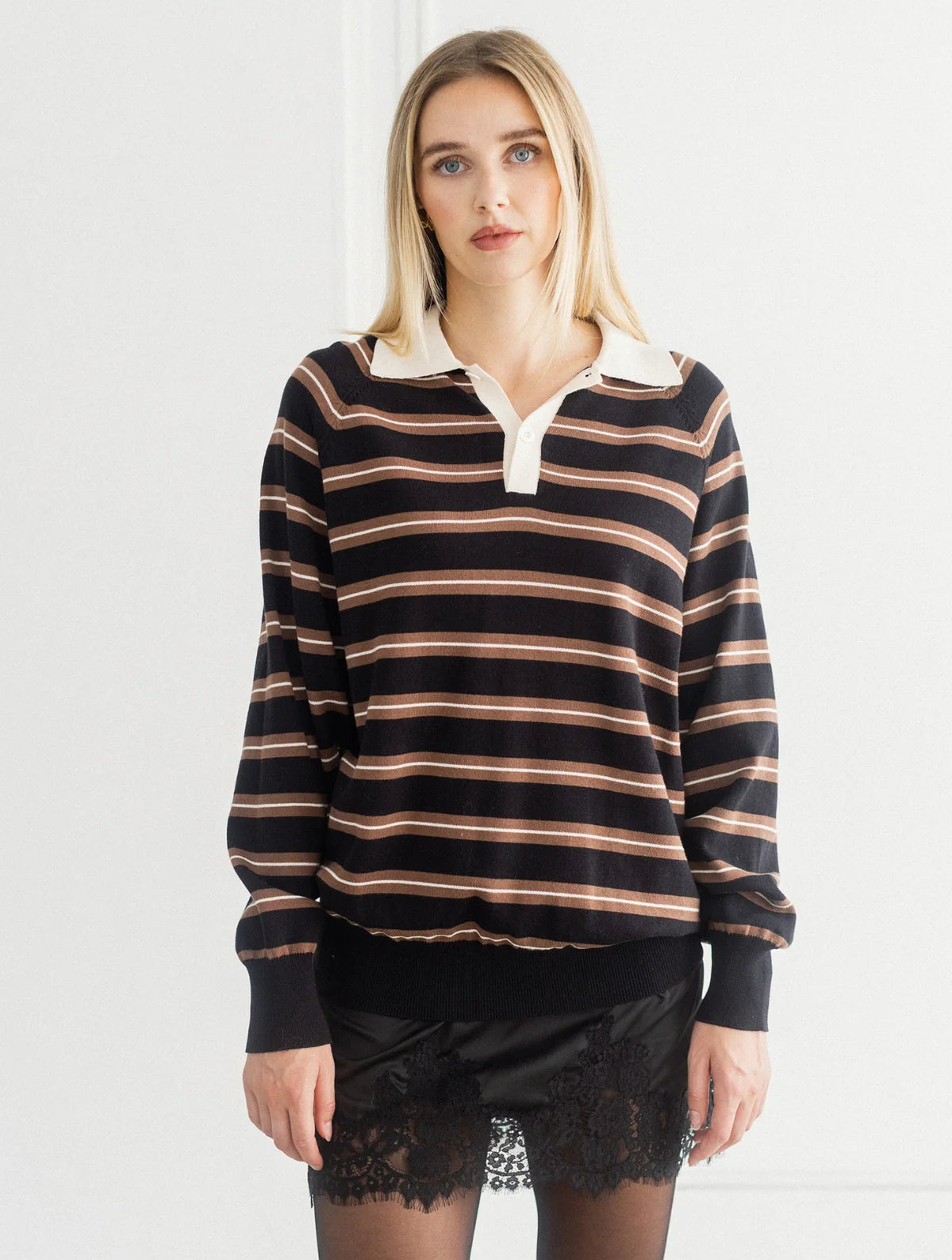 Brunette the Label Oversized Knit Polo - Black/ Cream
