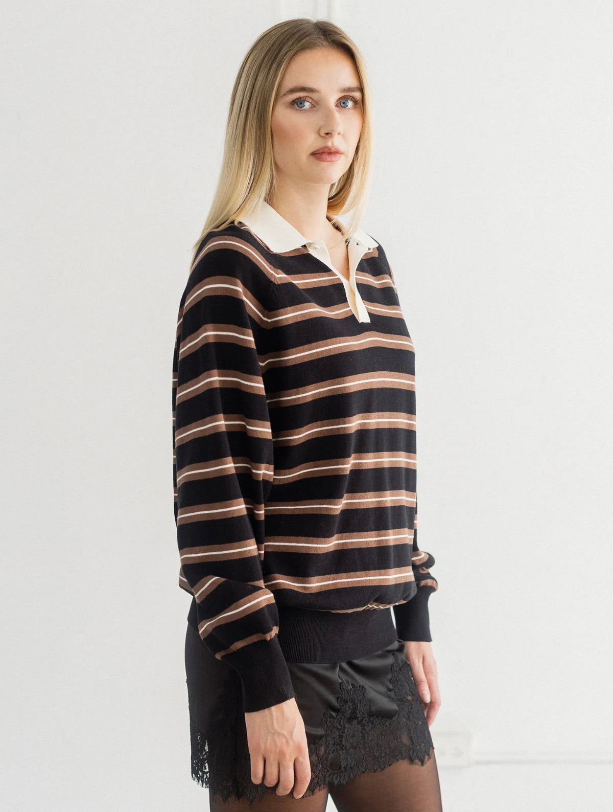 Brunette the Label Oversized Knit Polo - Black/ Cream