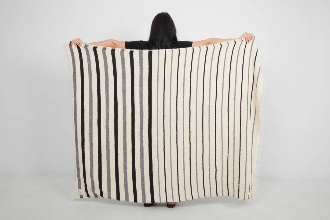 Tofino Towel Co. Winslow Striped Linen Blend Fleece Throw - Ecru