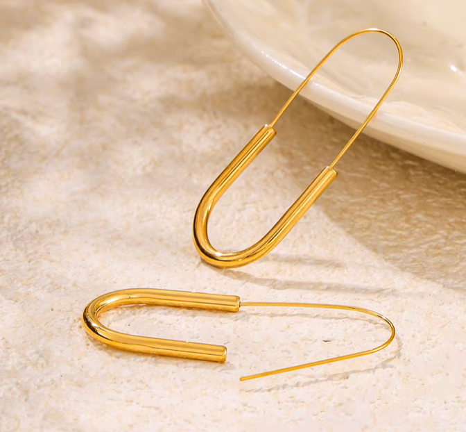 Paperclip Hoop Drop Stainless Earring - Gold